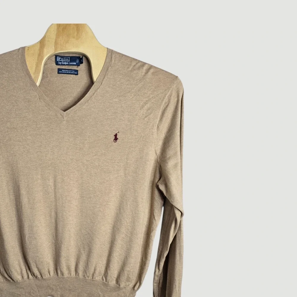 Polo Ralph Lauren Mens‎ Tan V Neck Sweater XXL Pima Cotton Embroidered Logo